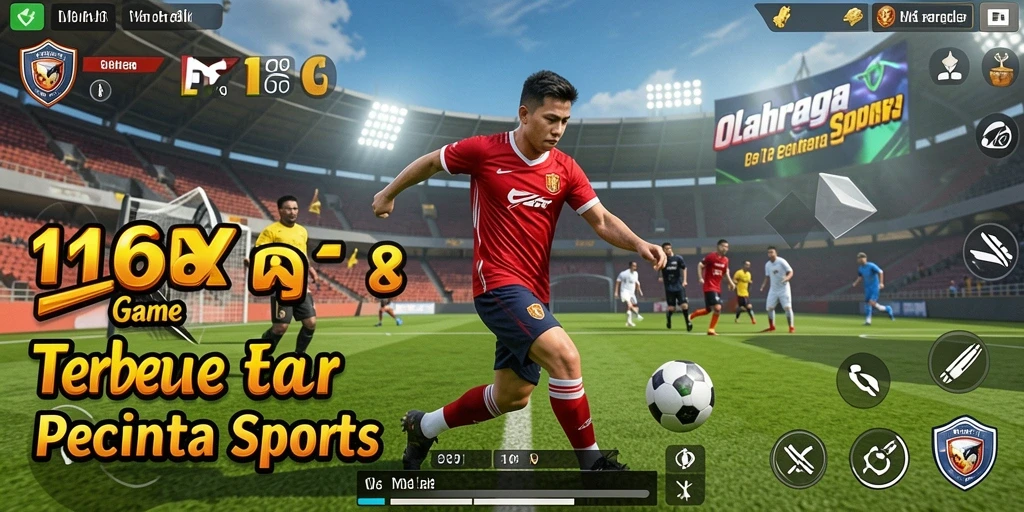 Screenshot utama 116X menampilkan aksi seru di lapangan olahraga.