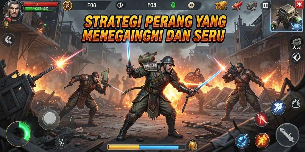 Screenshot gameplay F08 dengan aksi pertempuran strategi.