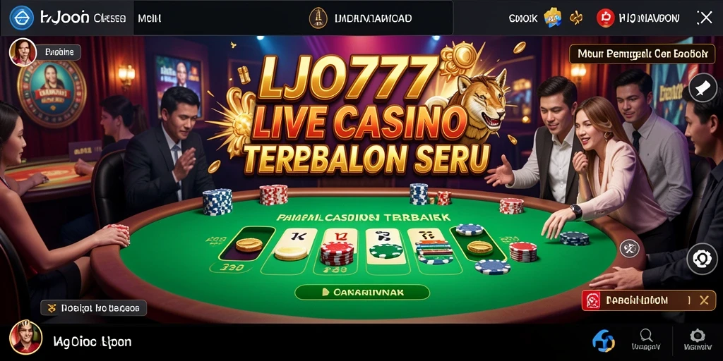 Screenshot gameplay LJO777 dengan dealer langsung dan suasana kasino yang mendebarkan.